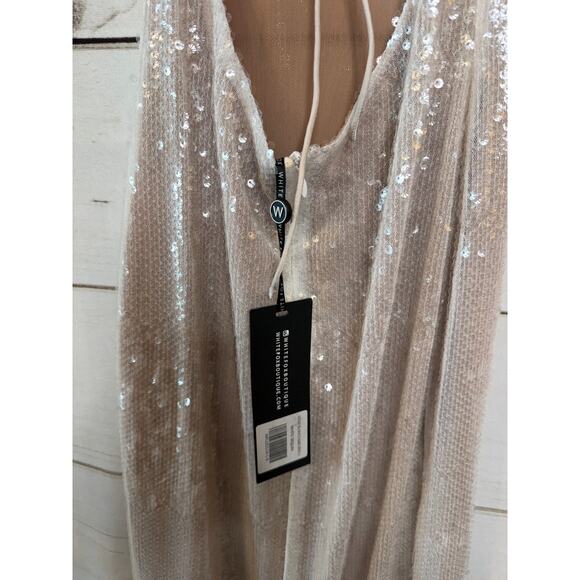 White Fox Formal Sequin Maxi Dress Size SM Pearl Colored Adjustable Tie Back - Picture 5 of 6